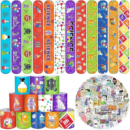 86PCS Science Party Favors Include 36PCS Science Slap Bracelets 50PCS Science Stickers Scientist Theme Stickers Snap Bracelet for Kids Science Birthday Party Supplies Decorations Classroom Rewards