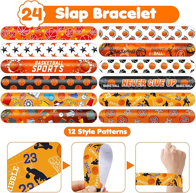 48PCS Basketball Party Favors - 24PCS Tattoos & 24PCS Slap Bracelets - Sport-Themed Birthday Supplies, Decorations, Gifts, Classroom Prizes, Carnival Rewards for Boys & Girls