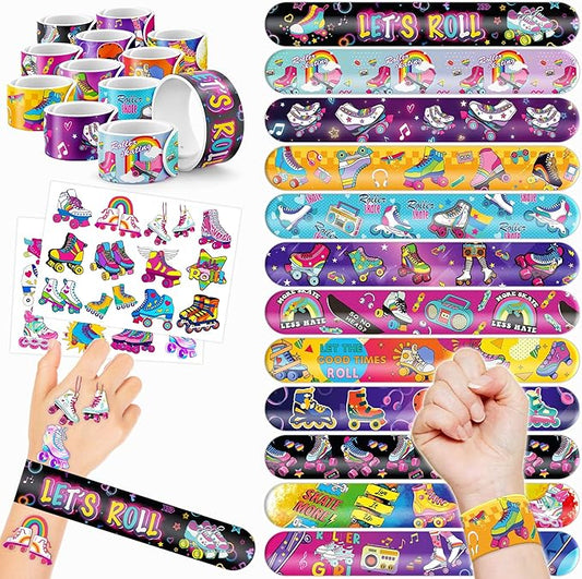 48PCS Roller Skate Party Favors - 24PCS Tattoos & 24PCS Slap Bracelets - Retro 60s & 80s Birthday Supplies, Decorations, Gifts, Classroom Prizes for Boys & Girls