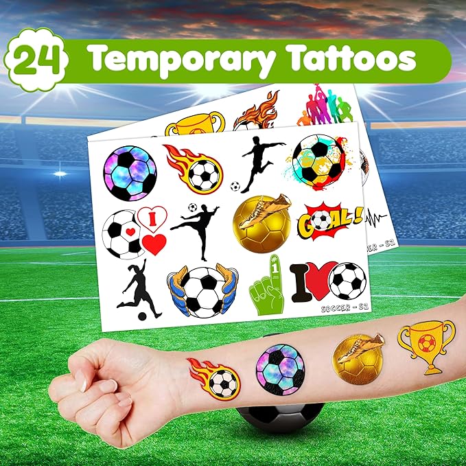 48PCS Soccer Party Favors - 24PCS Tattoos & 24PCS Slap Bracelets - Football-Themed Birthday Supplies, World Cup Decorations, Classroom Prizes, Gifts for Boys & Girls
