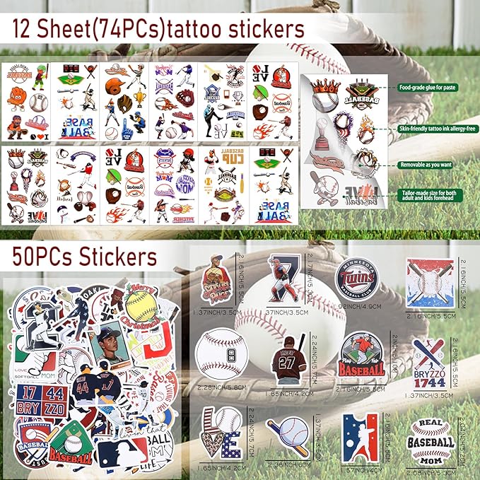 208Pcs Baseball Party Favors with Baseball Party Bags Baseball Whistle Mini Foam Baseball Ball Slap Bracelets Keychains Sticker Tattoo Eraser for Baseball Party Goodie Bag Fillers Party Decorations