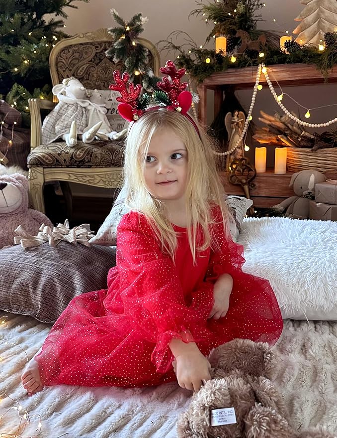 Arshiner Toddler Christmas Dress Girls Sequin Tulle Puff Long Sleeves Tutu Dress Princess Birthday Party Clothes 1-6T