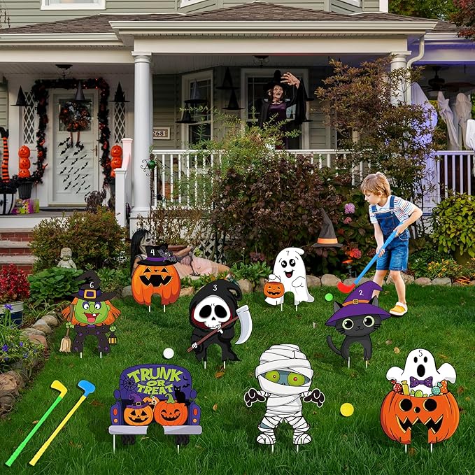 8Pcs Halloween Mini Golf Game Set, Halloween Yard Sign Games for Kids Party, Mini Golf Toy Game Include Clubs Balls Yard Sign Holes for Halloween Party Teens Golf Yard Lawn Indoor Outdoor Decorations