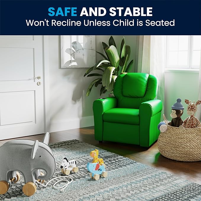 Flash Furniture Vana Vinyl Kids Recliner with Cup Holder, Headrest, and Safety Recline, Contemporary Reclining Chair for Kids, Supports up to 90 lbs., Green