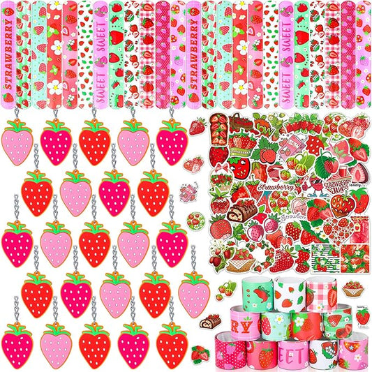 98 Pieces Strawberry Party Favors Include Sweet Berries Slap Bracelets Stickers Keychains for Berry Birthday Party Supplies Sweet One Party Summer Fruit Goodie Bag Fillers