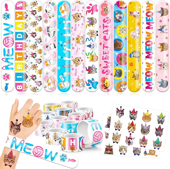 48PCS Cat Party Favors - 24PCS Tattoos & 24PCS Slap Bracelets - Kitty-Themed Birthday Supplies, Cute Decorations, Classroom Prizes, Gifts for Boys & Girls