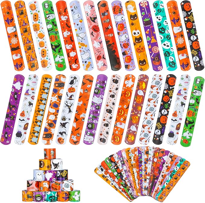 48 Pieces Halloween Slap Bracelet for Kids, 24 Styles Colorful Halloween Slap Wristbands Bulk for Kids Party Favors Toys Prizes Goodie Bags Fillers