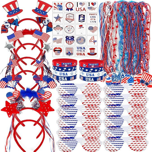 4th of July Patriotic Accessories for kids Including Glasses Necklaces Headbands Bracelets Tattoos for Fourth of July Party Decorations, Independence Day, Memorial Day