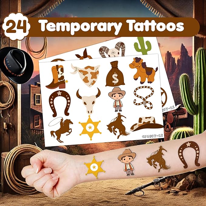 48PCS Cowboy Party Favors - 24PCS Temporary Tattoos & 24PCS Slap Bracelets - Cool Western Rodeo Themed Birthday Supplies, Decorations, Gifts, Classroom Prizes for Kids, Boys & Girls