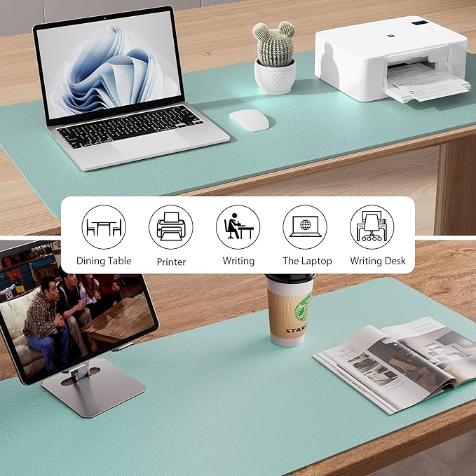 Aothia Leather Desk Pad Protector, Mouse Pad, Office Desk Mat, Non-Slip PU Leather Desk Blotter, Laptop Desk Pad, Waterproof Desk Writing Pad for Office and Home (Light Blue,31.5" x 15.7")