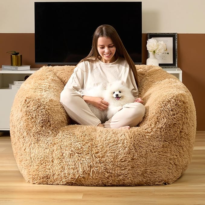 Homguava Giant Bean Bag Chair for Adults,Large Bean Bag Sofa with Armrests&Stuffed Memory Foam,Big BeanBags with Filler,Plush Bean Bag Couch Comfy Lazy Sofa Chair for Bedroom,Living Room(Large,Khaki)