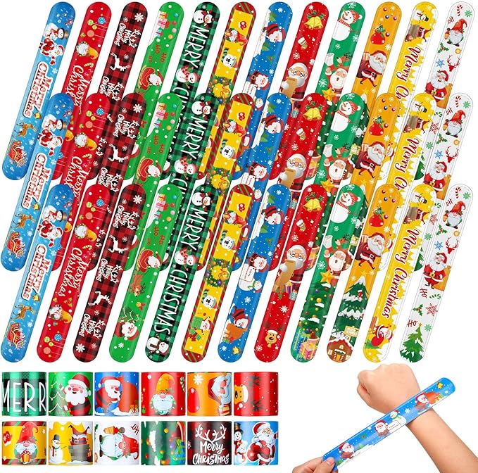 240 Pcs Christmas Slap Bracelets Bulk Santa Theme Christmas Party Favors Holiday Snap Bracelets Kids Xmas Slap Bands for Birthday Party Gifts Stocking Stuffers Classroom Prizes, 24 Designs