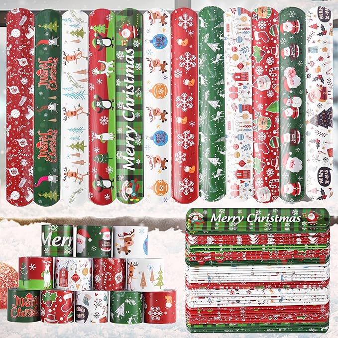 48PCS Christmas Slap Bracelets Slap Xmas Snap Bracelet Party Favors Toys Slap Bands Assorted Christmas Theme Pattern for Christmas Party Favors