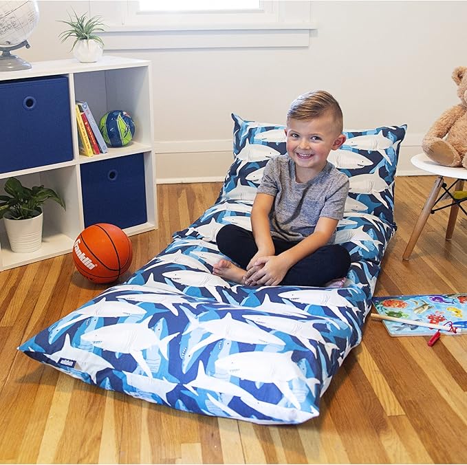 Wildkin Kids Floor Lounger: Ideal for Boys and Girls, Travel-Friendly, Perfect for Sleepovers - Pillow Lounger for Kids, Requires Standard Size Pillows Not Included (Sharks)