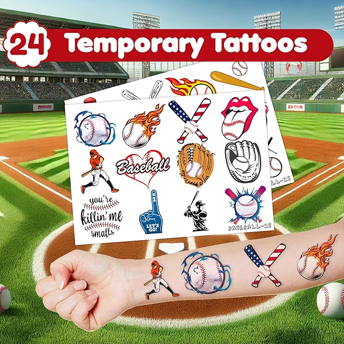 48PCS Baseball Party Favors - 24 Tattoos & 24 Slap Bracelets for Kids, Perfect for Sports-Themed Birthdays, School Prizes, and Classroom Rewards