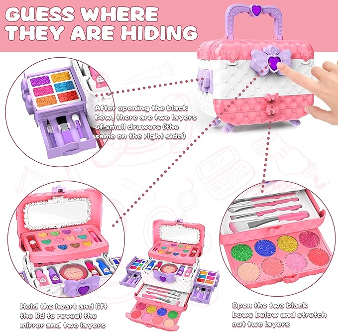 54 Pcs Kids Makeup Kit for Girls, Princess Real Washable Pretend Play Cosmetic Set Toys with Mirror, Non-Toxic & Safe, Birthday Gifts for 3 4 5 6 7 8 9 10+Years Old Girls Kids (Pink White)