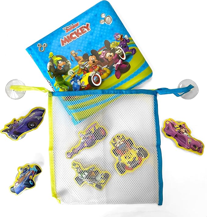 Disney Mickey Bath Time Books - Activity Books for kids, Bath book, 6 Padded suction cups, 1 Mesh bag