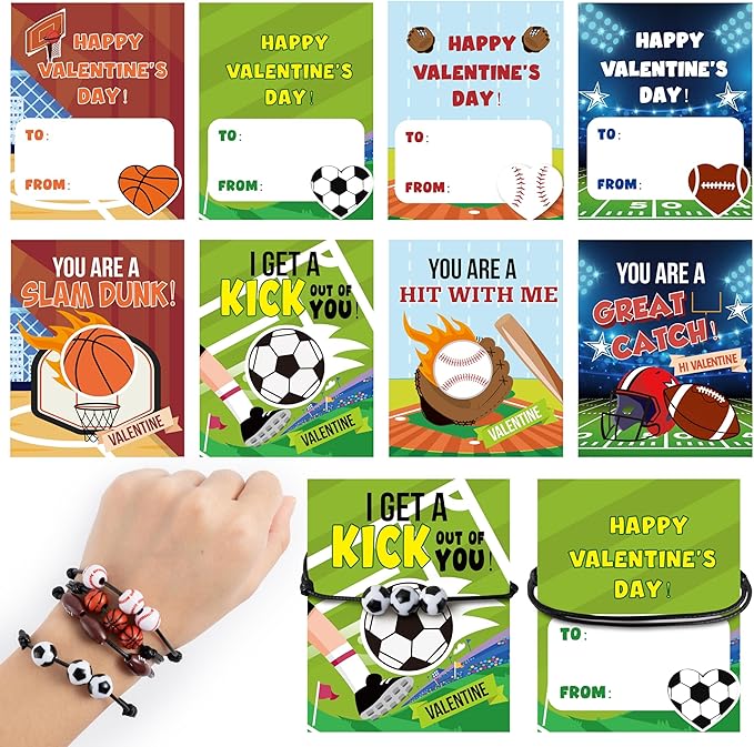ANGOLIO 56Pcs Valentine's Day Cards for Kids with Ball Sport Bracelets, Valentine Exchange Gifts Classroom with Football Basketball Bracelets, School Friends Exchange Gift Party Favors for Girls Boys