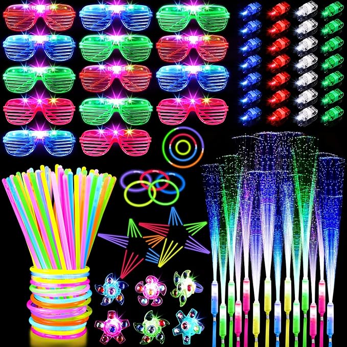 162PCS Glow in the Dark Party Supplies, Light Up Party Favors with 14 LED Glasses,14 Fiber Optic Wands, 6 Gyro Rings, 28 Finger Lights,100 Glow Sticks for Kids Adults Neon Party Decorations