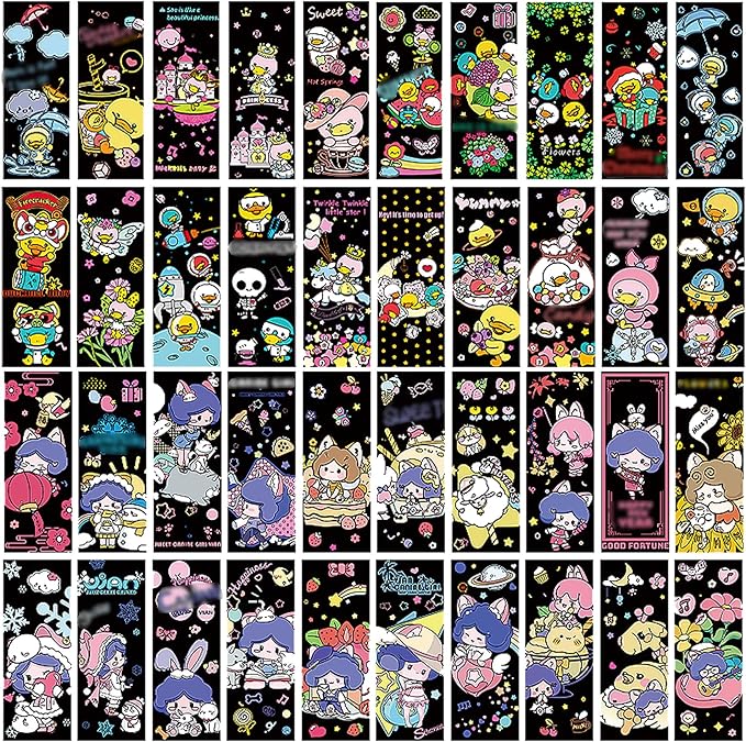 40 Card Rainbow Sparkle Scratch Painting Note, Hand-Eye Coordination Art&Crafts, Mini Magic Scratch DIY Graffiti Creative Bookmarks Gift for Kids&Adults, 8.5''x3.2'' (Canine Girl/Duckbill Baby Space)