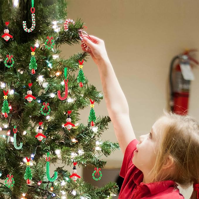 Christmas Crafts for Kids Adults Families, Beaded Ornament Kit to Make Wreath/Candy Cane/Xmas Tree/Snowman, Holiday Decorations Party Supplies, 40 Pieces