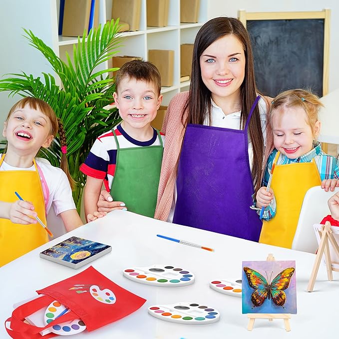 Aodaer 24 Pieces Valentine's Day Gift Mini Watercolor Paint Set Include 6 Set Colors Watercolor Paints Oval Palette Wooden Canvas Easels Canvas Tote Bags Aprons for Art Beginner Painting Supplies