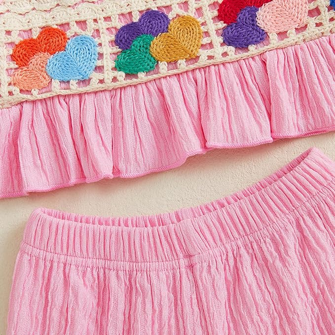 6M-5T Little Girl Clothes Boho Outfit Straps Hearts Shirts Cami Tank Tops Wide Leg Pants Baby Girl Summer Clothes