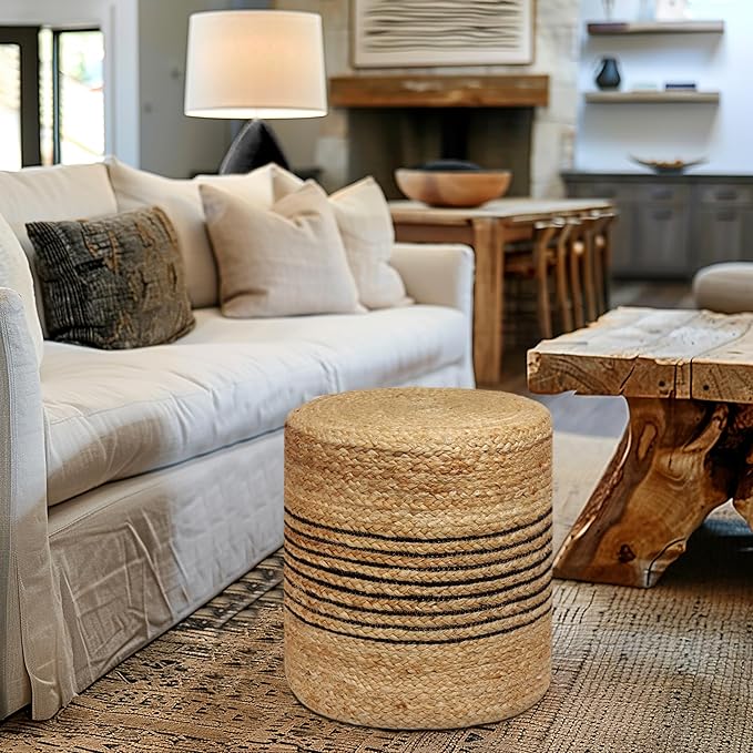 COTTON CRAFT Braided Pouf – Cylindrical Jute Cotton Ottoman - Boho Foot Stool - Bedroom Dorm Family Room Accent Seating – Rustic Decorative Round Pouf – 15 Dia x 16 Height - Natural Black Stripe