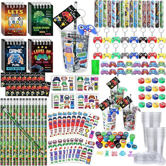 265 Pcs Video Game Party Favors Drinking Cups Notebook Pencils Sharpener Keychain Slap Bracelets Ring Stamp DIY Sticker Tattoo Sticker Tag Twist Tie for Boy Kid Birthday Gamer Reward Gift