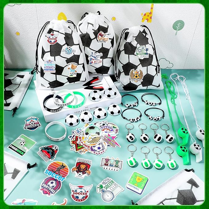 Aoriher 194 Pcs Soccer Party Favors Set Sport Silicone Bracelet Sport Car Keychain Whistle for Girls Boys Birthday Gifts Sport Themed Party Supplies