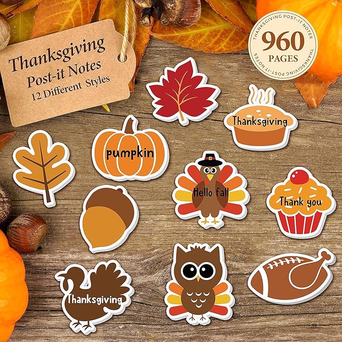 48 Pcs Fall Thanksgiving Day Sticky Notes Cute Thanksgiving Pumpkin Nut Leaf Turkey Cake Self Sticky Memo Pads for Thanksgiving Office School Classroom Student Kids Autumn Party Present