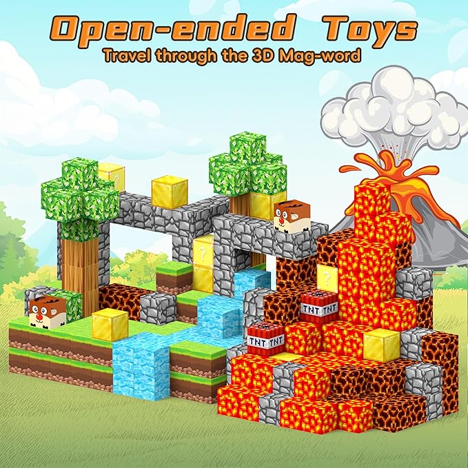 64PCS Magnetic Cubes- Build Magnet World Volcano Set, Educational Sensory Toys for Toddlers Kids, Construction Building Toys,Birthday Gifts for Boys Girls Aged 3-5 6-8 8-12
