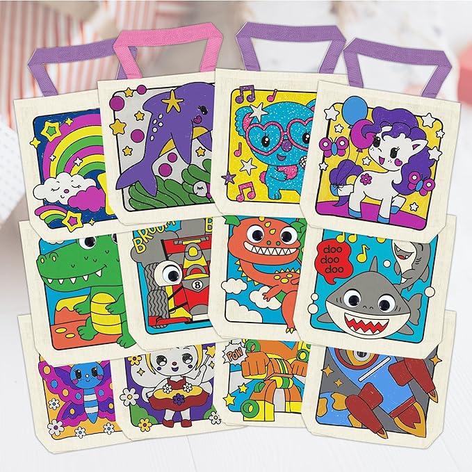 8 Pieces Kids Coloring Goodie Bags, Reusable Canvas Bag, Cute Art Party Favors, Color Your Own Bags for DIY Painting Birthday Carnival Celebration, Party Supplies Gift, Girls and Boys