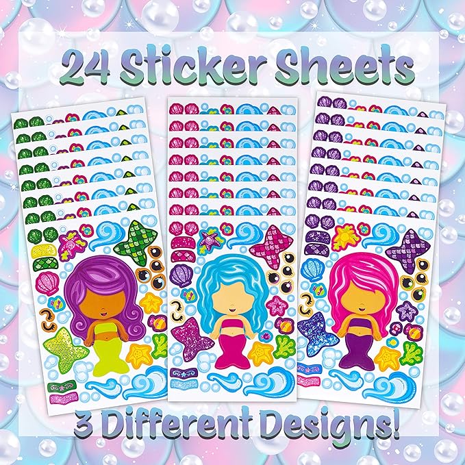 24 Make A Mermaid Stickers - Perfect for Mermaid Party Supplies & Mermaid Party Favors for Kids - Great for Under The Sea Birthday Decorations Or Classroom Activity That Promotes Creativity - Ages 3+