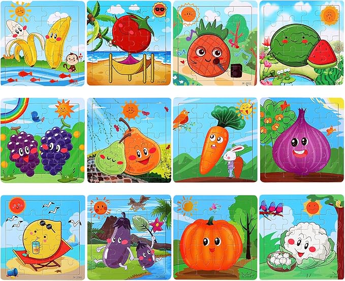 SANNIX 12 Pack Wooden Jigsaw Puzzles for Toddlers 3 4 5 Years Old, Party Favors Animals Jigsaw for Kids, Transportation Educational Puzzles Travel Toy with 12 Organize Bags