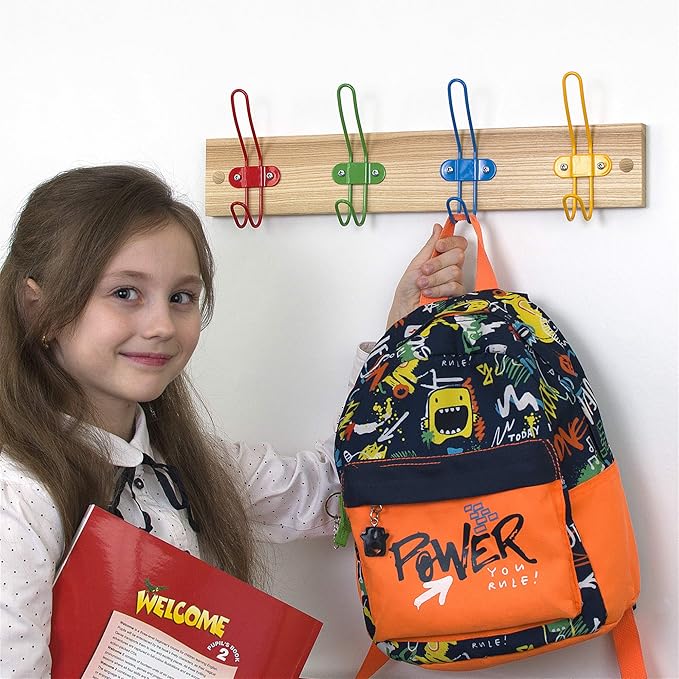 Kids Coat Hook Rack for Boys and Girls for Jackets Clothes Hats Backpacks Robes and Towels - Kids Hanger for Use in Nursery Bedroom and Bathroom - Colorful Wire Hooks and Lacquer Rail