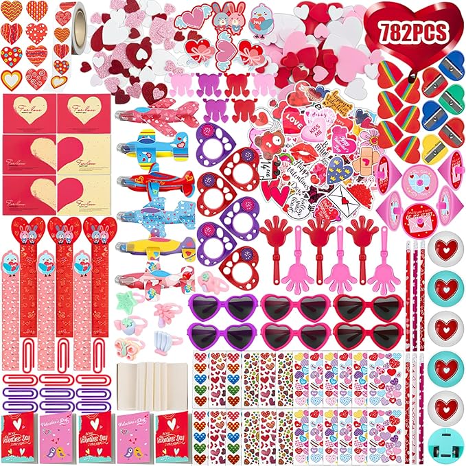 782Pcs Valentine's Day Party Favors Supplies, Heart Glasses Bracelets Stickers Stamper Sticky Hands Tattoo Cards Bulk for Gift Exchange, Photo Props Kids Birthday School Classroom Rewards Prizes