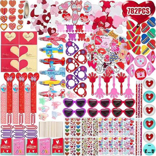 782Pcs Valentine's Day Party Favors Supplies, Heart Glasses Bracelets Stickers Stamper Sticky Hands Tattoo Cards Bulk for Gift Exchange, Photo Props Kids Birthday School Classroom Rewards Prizes