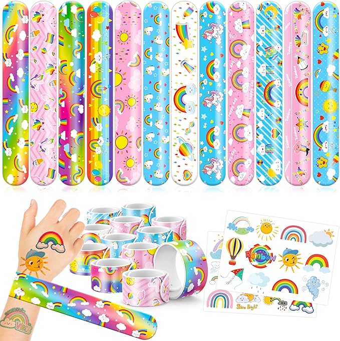 48PCS Rainbow Party Favors - 24PCS Tattoos & 24PCS Slap Bracelets - Unicorn & Rainbow Birthday Supplies, Magical Baby Shower Decorations, Classroom Prizes, Gifts for Girls