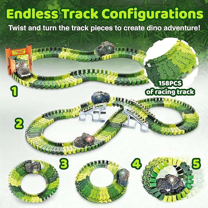 Dinosaur Race Track Toy Set -Dino Racetrack with 170 Total Pieces, Flexible Tracks, Dino Train for Kids Ages 3-7, Boys & Girls | Dinosaur Race Track, Dinosaur Track Toy Set Toddler Race Track