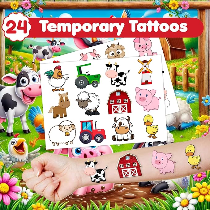 48PCS Farm Animal Party Favors - 24PCS Tattoos & 24PCS Slap Bracelets - Barnyard Birthday Supplies, Cow & Tractor Decorations, Gifts for Girls & Boys