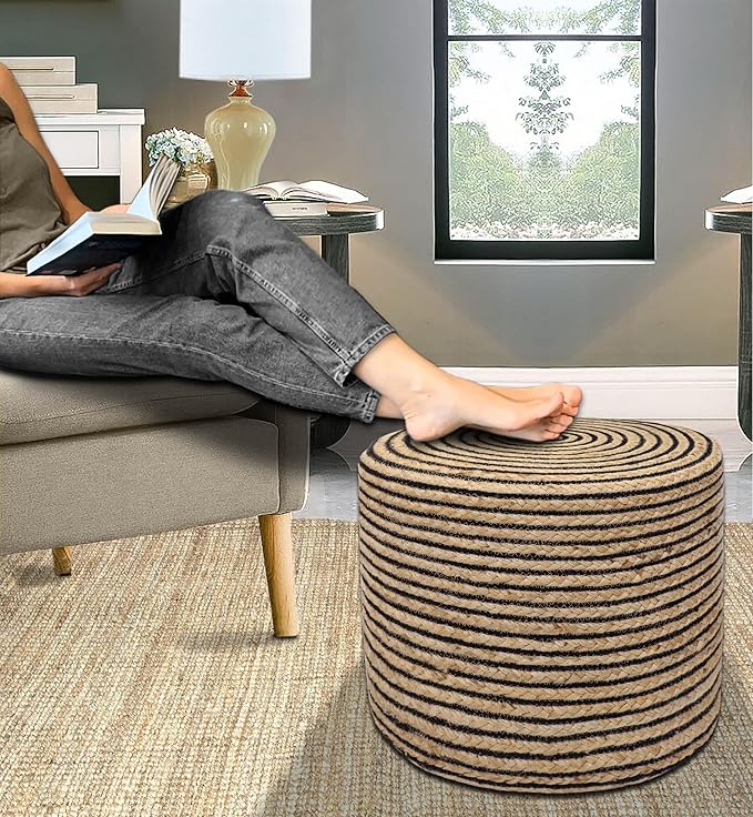 COTTON CRAFT Braided Pouf – Cylindrical Jute Cotton Ottoman - Boho Foot Stool - Bedroom Dorm Family Room Accent Seating – Rustic Decorative Round Pouf – 15 Dia x 16 Height - Natural Black Pinstripe