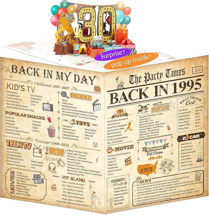 30th Birthday Card for Men Women, 3D Pop Up 30th Birthday Gifts Cards for Him Her, Back In 1995 Funny 30 Year Old Birthday Decorations, Classy Vintage