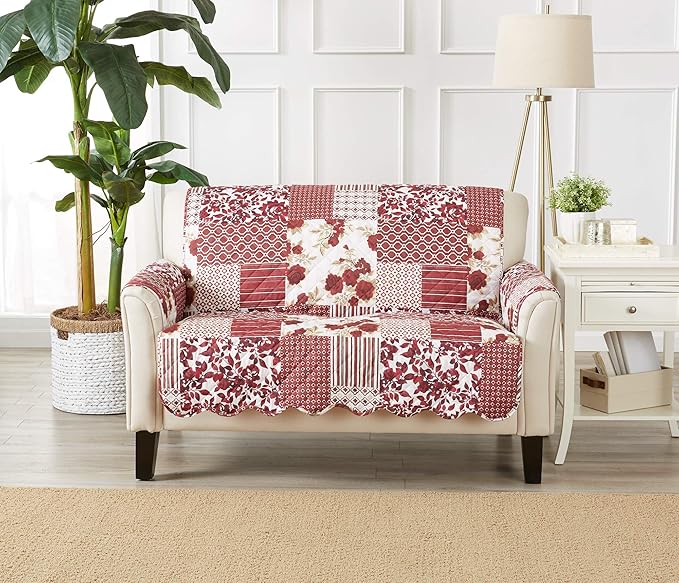 Great Bay Home Patchwork Scalloped Printed Furniture Protector Stain Resistant Loveseat Cover (Loveseat, Burgundy)