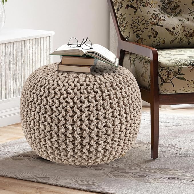 Round Tweed Dori Pouf Ottoman Hand Knitted 100% Cotton Pouf Foot Stool - Knitted Bean Bag - Floor Chair for Bedroom - Foot Rest for Couch (20" Dia x 14" HT) (Natural Beige)