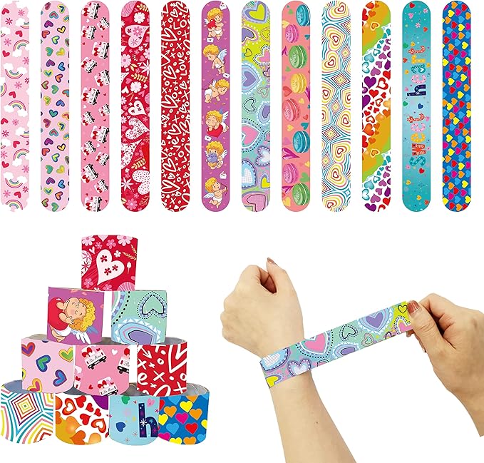 48 Pcs Valentine Slap Bracelets for Kids Valentines Day Slap Bracelets Bulk for Boys and Girls Colorful Hearts and Animal Bracelets for Party Favors Supplies Classroom Prizes Exchanging Gifts