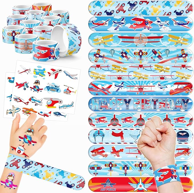 48PCS Airplane Party Favors - 24PCS Temporary Tattoos & 24PCS Airplane Slap Bracelets - Themed Birthday Party Supplies for Boys & Girls - Perfect Decorations, Gifts, School Prizes, Carnival Rewards