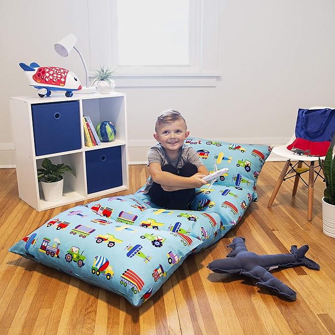 Wildkin Kids Floor Lounger: Ideal for Boys and Girls, Travel-Friendly, Perfect for Sleepovers - Pillow Lounger for Kids, Requires Standard Size Pillows Not Included (Trains, Planes, and Trucks)