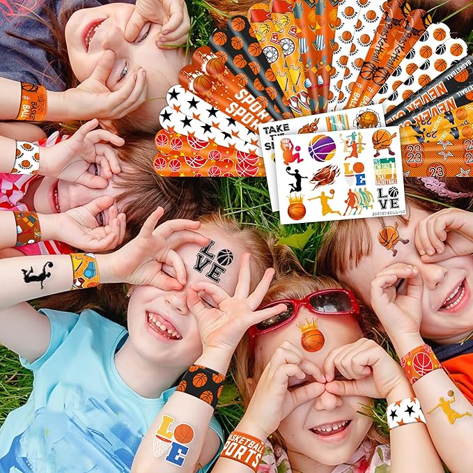 48PCS Basketball Party Favors - 24PCS Tattoos & 24PCS Slap Bracelets - Sport-Themed Birthday Supplies, Decorations, Gifts, Classroom Prizes, Carnival Rewards for Boys & Girls