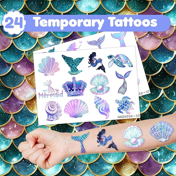 48PCS Mermaid Party Favors - 24PCS Tattoos & 24PCS Slap Bracelets - Undersea Birthday Supplies, Mermaid-Themed Decorations, Classroom Prizes, Gifts for Girls & Boys